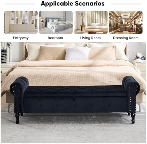 Storage Bench 67" Velvet End of Bed Benches Black