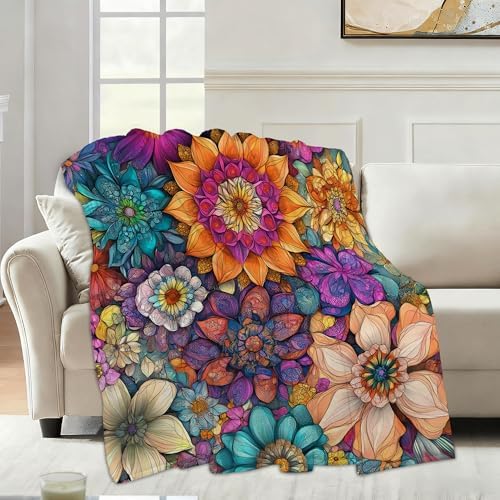Vintage Floral Fall Throw Blanket,Ethic Flower Cozy Plush Fluffy Blanket for Living Room Decor,Lightweight Fleece Throws for Couch,Bed,Traveling,Naps,Reading,50 X 60 Inch