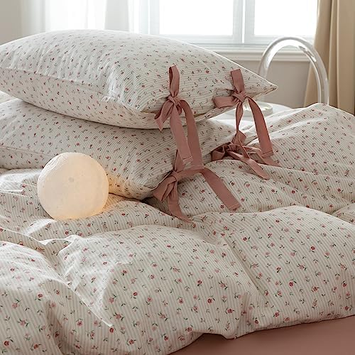 Pink Flower Stripes Duvet Cover Set Twin 100% Cotton Blossom Duvet Cover with Zipper Closure,Cottagecore Bedding Set for Girls Women-68 x86,Off-White