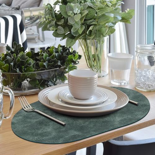 ADRIMER Oval Placemats Set of 8, Wipeable Faux Leather, Blue & Green
