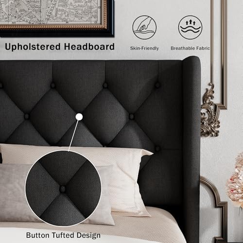 GalnFu Full Size Bed Frame with Button Tufted Headboard, Upholstered Platform Bed Frame with UnderBed Storage, Wooden Slats Supports, Noise Free, No Box Spring Needed, Easy Assembly, Black