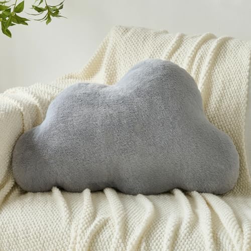 Cloud Pillows, Decorative Throw Pillow with Soft Plush for Couch Bed, Cloud Shaped Pillow Room Decor with Fluffy Faux Rabbit Fur for Living Room Bedroom (Grey, 11.8x18.5 Inches)