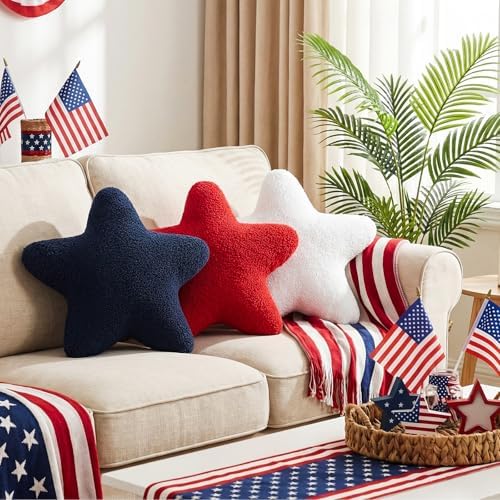 Cumule 3 Pcs Patriotic Star Throw Pillows Red White Blue Stuffed Star Plush Pillows 4th of July Decor for Couch Bed Sofa Independence Day Memorial Day Home Decor