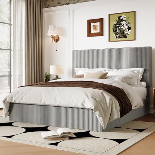 Allewie Queen Bed Frame, Adjustable Corduroy Headboard, Platform, Grey