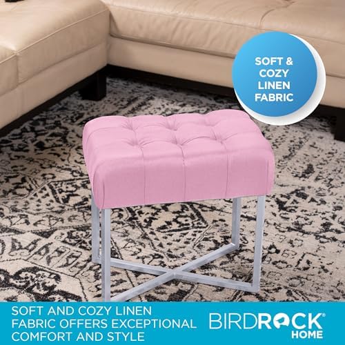 BIRDROCK HOME Rectangle Tufted Linen Ottoman Foot Rest - 19.7x11.82x17.73” Small Foot Stool with Legs - Padded Footrest Modern Ottomans for Living Room Furniture, Bedroom Footstool (Pink)