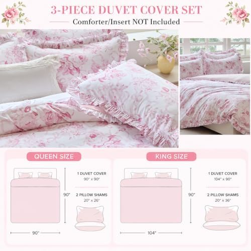 Brandream Double Ruffled Duvet Cover Set Queen, 100% Organic Cotton Pink Rose Floral Bedding, Romantic Grandmillennial Cottagecore Bedroom Decor for Women, 3 Piece