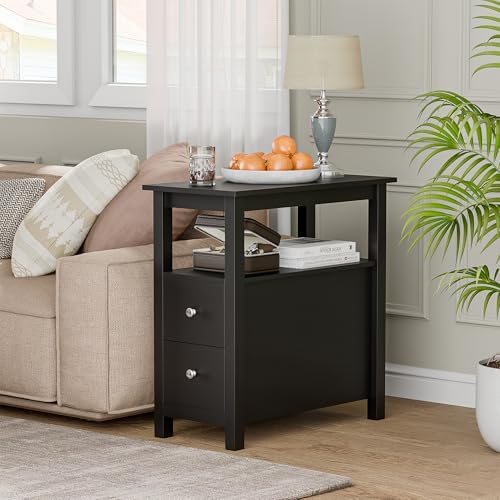 ZENY Narrow End Table Set of 2 Side Table with Drawer and Open Shelf Sofa Table for Living Room Bedroom, Small Table for Bedside, Couch