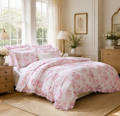 Brandream Double Ruffled Duvet Cover Set Queen, 100% Organic Cotton Pink Rose Floral Bedding, Romantic Grandmillennial Cottagecore Bedroom Decor for Women, 3 Piece