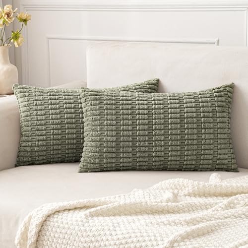 MIULEE Lumbar Corduroy Decorative Throw Pillow Covers 12x20 Light Olive