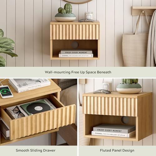 EYYTHUNG Fluted TV Stands Set of 4, Modern Small Floating Nightstand with Drawer and Open Storage Shelf Night Stand Wall Mounted Bedside Tables Natural Oak