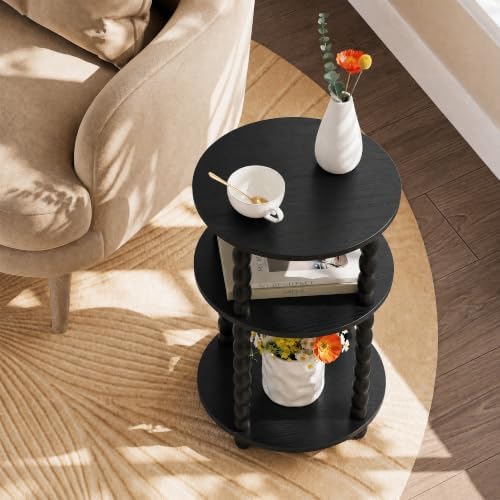 3-Tier Round Side Table, Small End Table with Solid Wood Spindle Legs Black