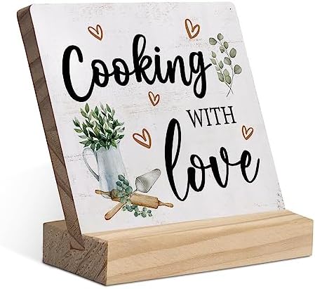 Cooking with Love Wood Plaque with Wooden Stand,Rustic Kitchen Wooden Plaque Sign Desk Decor for Home Kitchen Table Shelf Decoration