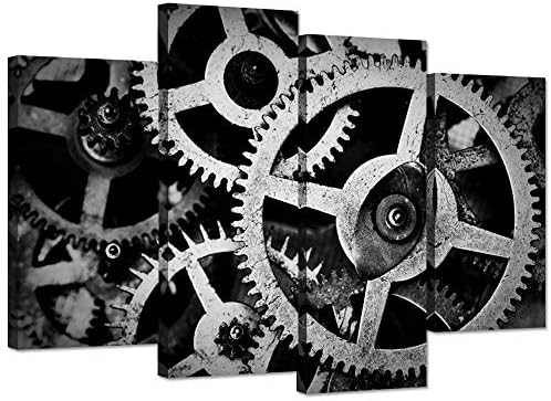 Hello Artwork 4 Panel Canvas Wall Art Mechanical Gear Cogs Old Factory Painting Engineer Team Motivation Inspiration Pictures Print For Modern Home Decor Stretched and Framed Ready to Hang 48x32inch