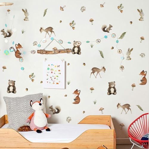 Woodland Animal Wall Stickers,Adorable Woodland Nursery Decals Decor,Animals Bear, Fox, Deer, Mushroom Peel and Stick Wall Decals ，Baby Nursery Kids Bedroom Living Room Decor
