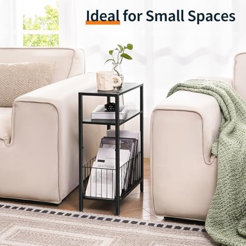 Narrow Side Table with Storage Basket Small End Table for Small Space,Black