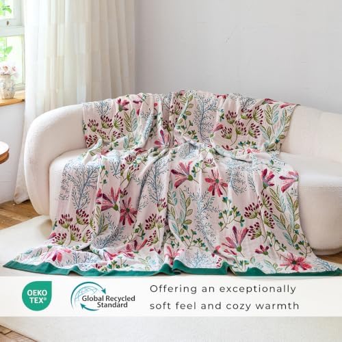 Boho Botanical Throw Blanket for Bed Sofa Decor 60"x80" White/Teal