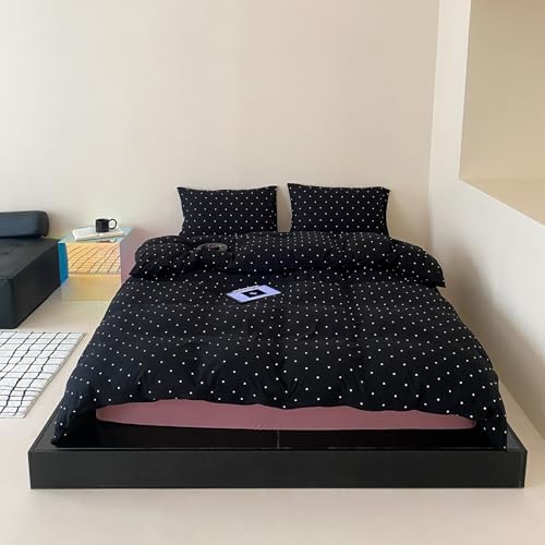 Polka Dot Twin XL Duvet Cover, 3 Piece 100% Cotton Jersey Knit Black Comforter Cover, Soft Modern Aesthetic Minimalist Bedding Set with Zipper & Corner Ties