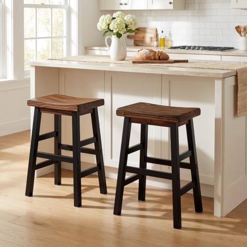 Alaterre Furniture Pomona Solid Wood Bar Stool Set of 2, Brown/Black, 26”