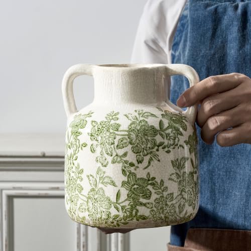 Vintage Vase with Handles, Ceramic Utensil Holder, Flower Decorative Vase Chinoiserie Decor Rustic Farmhouse Retro Floral Vases for Table Bookshelf Mantel Kitchen Living Room Office - 6.7” Green 017