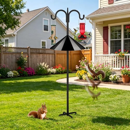 FEED GARDEN Heavy Duty Shepherds Hook Squirrel-Proof Bird Feeder Pole 92" Double Hooks 5-Prong Base & 19" Baffle for Outdoor Feeders & Plants