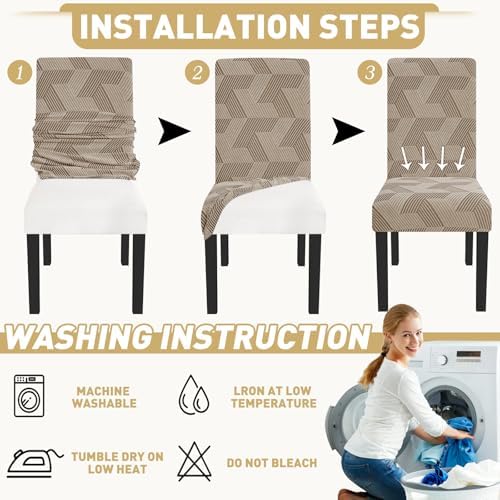 JIVINER Stretch Dining Chair Slipcovers Set of 2, Geometrical Jacquard Dining Chair Covers, Washable Kitchen Chair Covers for Dining Room, Hotel, Party, Khaki