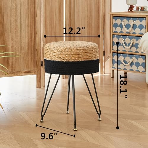 Vanity Stool Wicker Boho Makeup Chair Natural Seagrass Black
