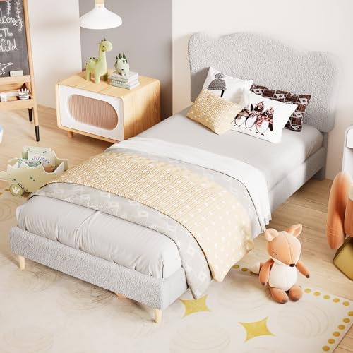 Garvee Kids Twin XL Bed Frame with Adjustable Headboard, Sherpa Fleece Upholstered Modern Platform Bed Frame with Sturdy Wood Slats, No Box Spring Needed, Easy Assembly, Light Grey