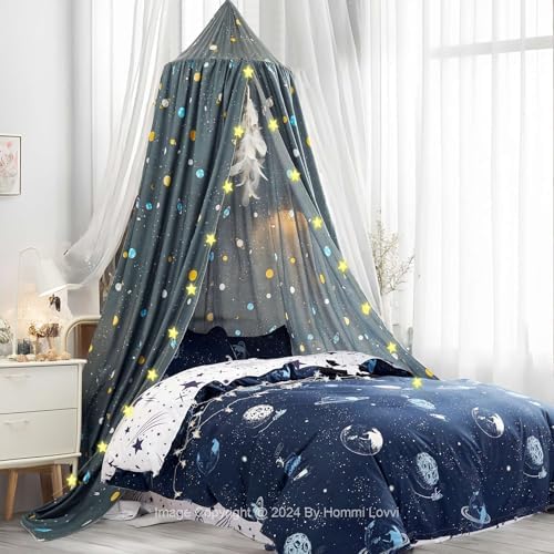 Hommi Lovvi Space Rockets Print Kids Bed Canopy, Girls Princess Canopy Dreamy Room Decor, Soft Hanging Reading Nook Play Tent Canopy, Extra Large Full Size Bed Canopy with String Light