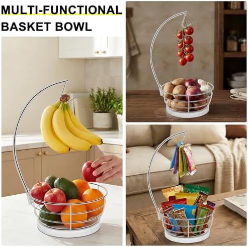 Livabber Countertop Fruit Basket Bowl with Banana Hanger, Modern Standing Fruit Vegetable Bowl Storage, with Banana Tree Holder for Kitchen Dinning Table (Round Marble, Chrome)