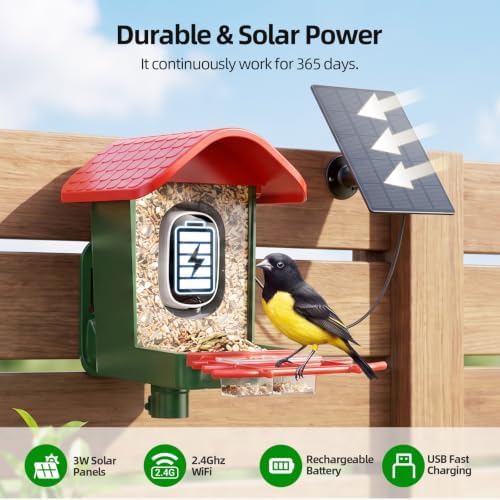 3K Smart Bird Feeder with Camera, 2.4GHz WiFi Solar Camera Feeder, AI Bird Species Identification & Real-Time App Alerts, Chew-Proof & Waterproof for Outdoors