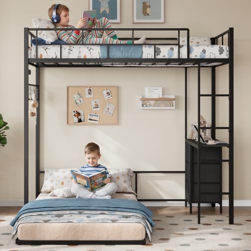Bunk Bed Twin Over Twin with Desk, L-Shaped Loft Beds with Charging Station, 3 Storage Drawers & Shelves, Bunk Beds with Safety Guardrail & Ladder for Kids/Teens, No Box Spring Needed, Black