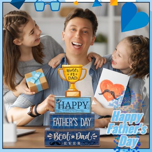 Yuntau 4 Pcs Father's Day Wood Blocks, Dad Trophy Tiered Tray Decor