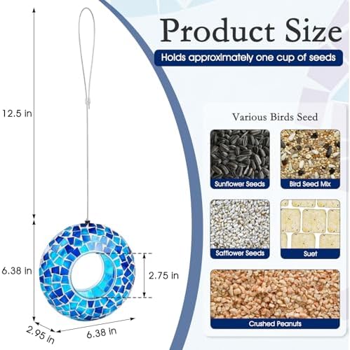 6 Inch Mosaic Glass Fly Through Bird Feeder for Outdoors, Blue