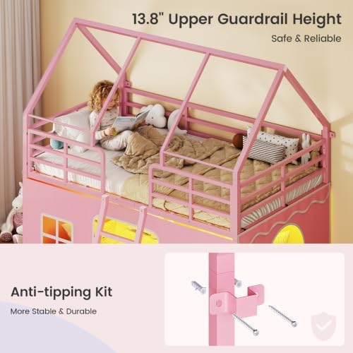 Girls Bunk Bed Twin Over Twin, House Loft Bed with LED Lights