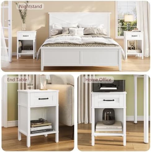 White Farmhouse Nightstand with Drawer, Small Wooden Bedside Table, White Marden End Table, Bedroom Side Table with Storage, Wooden Night Stand LET512WW