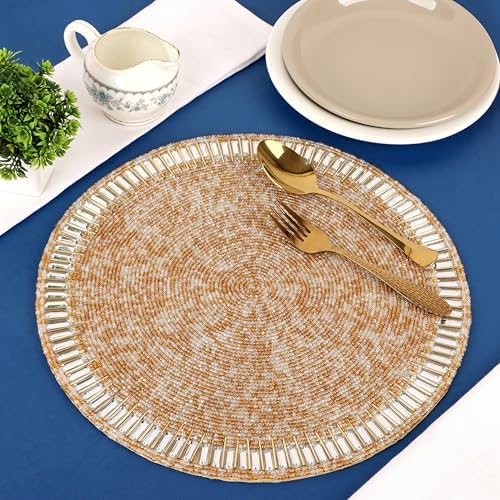 Beaded Round Placemat Set of 2 13 Inch Multi Handmade Glass Table Mats