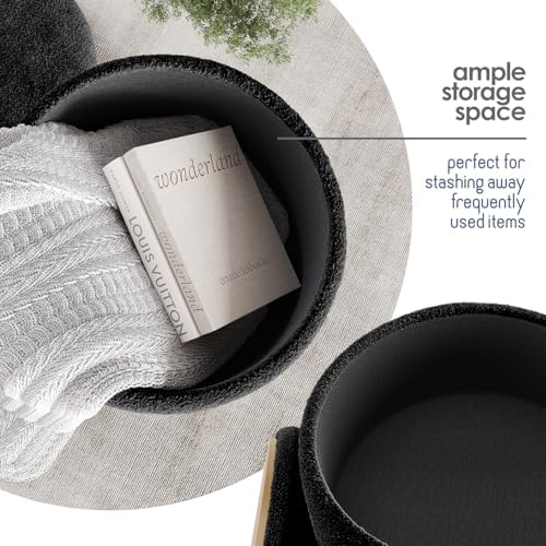 Round Ottoman with Storage, Boucle Storage Ottoman, Foot Stool Ottomans, Makeup Vanity Stool, Small Ottomans Foot Rest, Modern Vanity Stools for Living Room and Bedroom, Black
