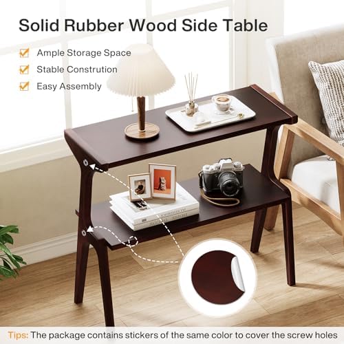 Tribesigns Solid Wood End Table, 2-Tier Farmhouse Side Table with Storage Shelves, Slim Side Table for Couch with Unique Legs, Long Bedside Table for Bedroom, Living Room, Burgundy