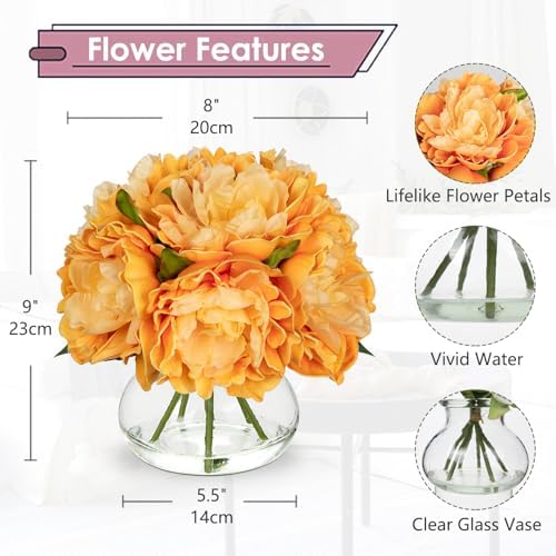 Hollyone Orange Peonies Fall Flowers Artificial for Decoration in Vase Faux Flowers Autumn Peony Silk Flower Arrangements with Glass Vase with Fake Water Table Centerpiece Fall Decorations for Home