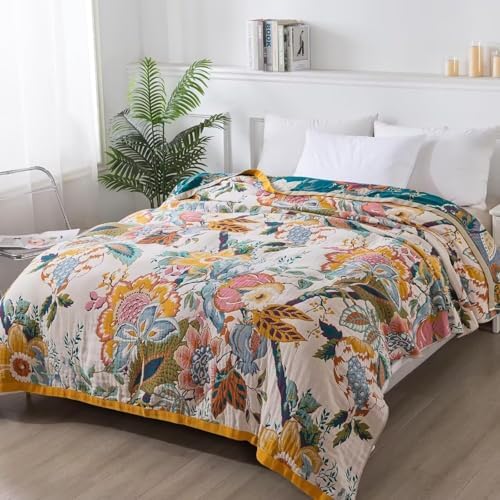Boho Throw Blanket for Bed 100% Cotton Bohemian Blankets Ultra Soft Woven Muslin Decorative Blankets All Seasons Vintage Quilt Knitted Blanket for Sofa Chair(Beige, 90"x98")