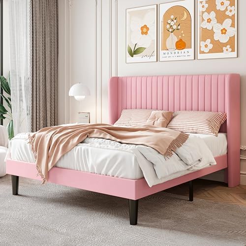 SHA CERLIN Queen Size Velvet Bed Frame, Tufted Wingback Headboard, Pink