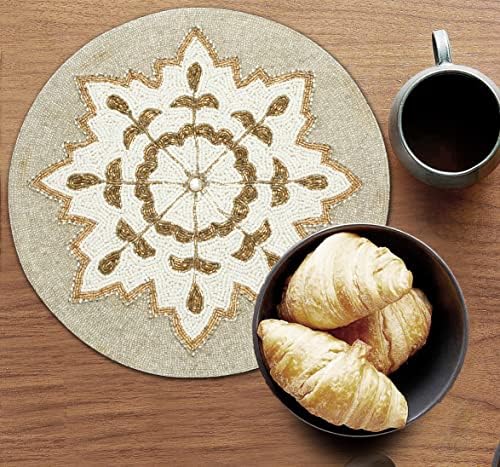 Lightnpro Handmade Snowflake Beaded Placemats Set of 2 – 13 Inch Round White Silver, Handcrafted Artisan Table Accessories, Elegant Winter Holiday Table Décor for Christmas & New Year Celebrations