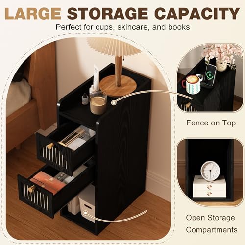 7.87" Narrow Nightstand Set of 2, Fluted Slim Bedside Table with 2 Drawers, Mid Century Modern Small End Table with Gold Metal Handles, for Bedroom, Living Room & Small Spaces - Black