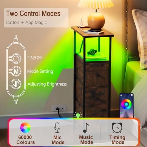 LOAKEKEL Narrow End Table with Charging Station, Small Nightstand