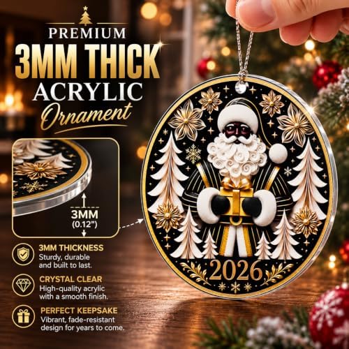 Black Santa Christmas Ornament for Christmas Tree Decorations 2026, Elegant Black Santa Holding a Golden Gift with Winter Forest Design, Heartwarming Holiday Keepsake Gift for Family and Friends