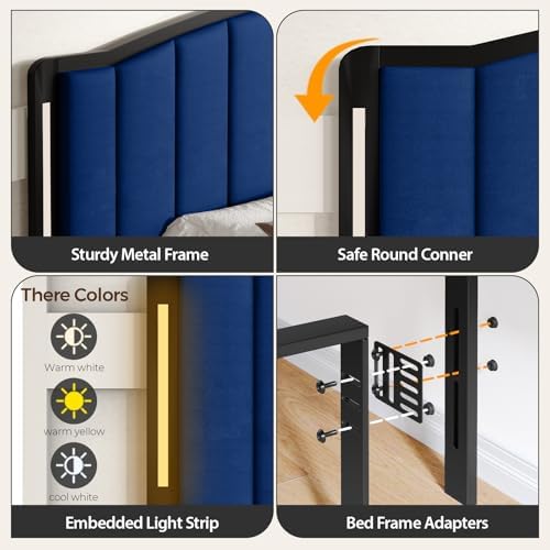Upholstered Tufting Headboard for King Size Bed with Lights, Blue