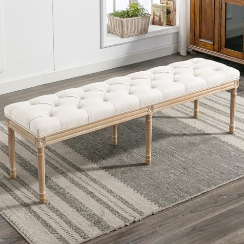 LUE BONA 60" Fabric End of Bed Bench, Upholstered Tufted French Bedroom Bench with Carved Legs for Bedroom End of King Size Bed, Living Room, Beige
