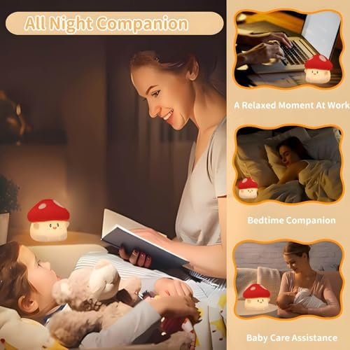 Mushroom Night Light for Kids, Cute Squishy Silicone Mushroom Lamp, 50-Hour Rechargeable Bedside Nursery Light with Tap Control, 30-Min Auto-Off Timer, Kawaii Room Decor Gift for Girls