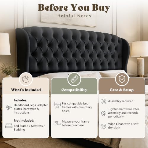 AMERLIFE Full/Queen Headboard Only, Velvet Curved Wingback, Black