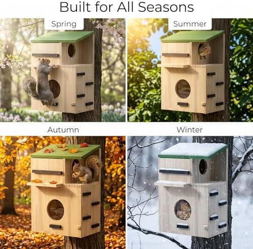 Large Squirrel Houses for Outside, Squirrels Nesting Box with Platform, Solid Wood Squirrel Box, Backyard Squirrel House Squirrels Feeders for Outside